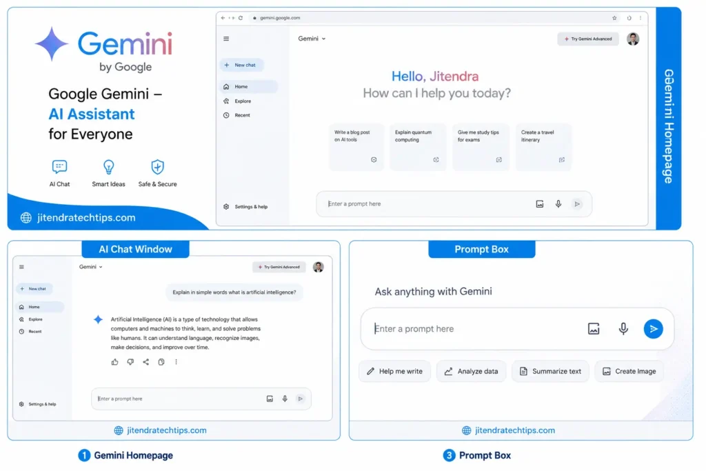 Google Gemini AI क्या है? पूरी जानकारी हिंदी में 2026 2 Google Gemini homepage interface showing AI chat window and prompt box with a modern user interface for chatting with Google's AI assistant.