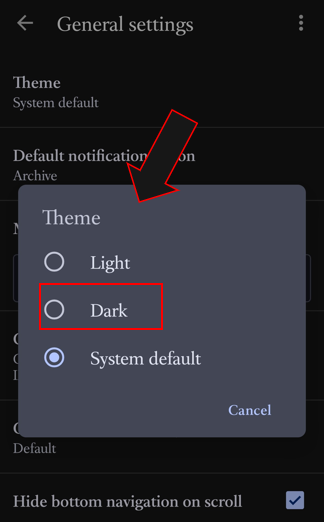 google gmail app dark theme