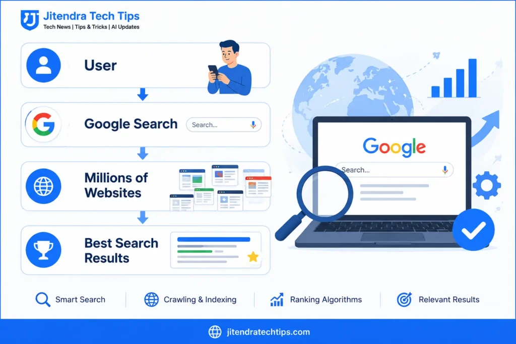 Google क्या है? Google कैसे काम करता है – पूरी जानकारी हिंदी में 2026 2 Infographic explaining how Google Search works from user search query to millions of websites and the best search results through crawling, indexing, and ranking algorithms
