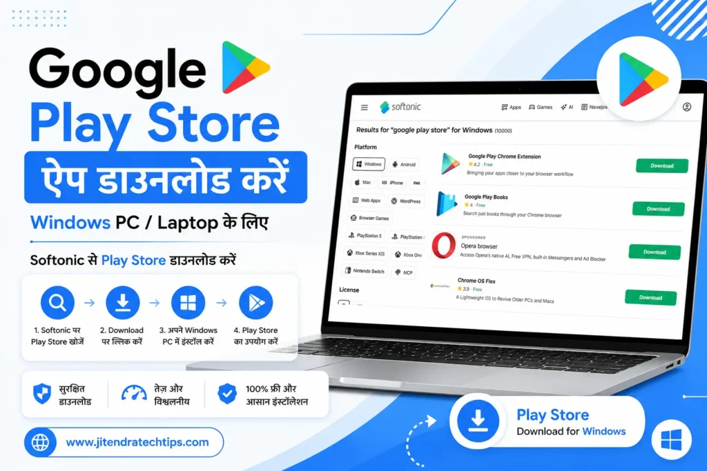 Google Play Store App क्या है? डाउनलोड, उपयोग और फीचर्स (2026) 3 Google Play Store App Download guide showing Softonic website, Windows PC laptop, Google Play Store logo and step-by-step Play Store download