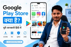 Google Play Store feature image showing Play Store app interface, Android app downloads, Google Play logo, and Jitendra Tech Tips