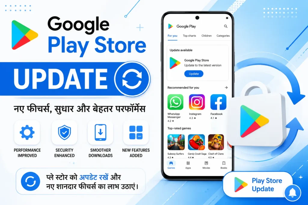 Google Play Store App क्या है? डाउनलोड, उपयोग और फीचर्स (2026) 4 Google Play Store Update illustration showing Play Store app update screen, new features, improved performance, enhanced security