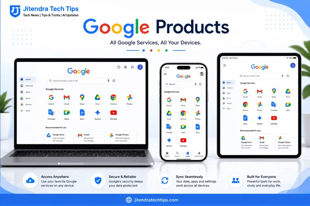 Google क्या है? Google कैसे काम करता है – पूरी जानकारी हिंदी में 2026 6 Google Products mockup displaying Google Search, Gmail, Google Maps, Google Drive, Chrome, Photos, Translate, Meet, Docs, Gemini, and YouTube on a laptop, smartphone, and tablet interface.