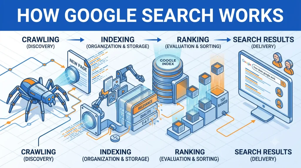 Google क्या है? Google कैसे काम करता है – पूरी जानकारी हिंदी में 2026 3 google search engine working process search index and ranking