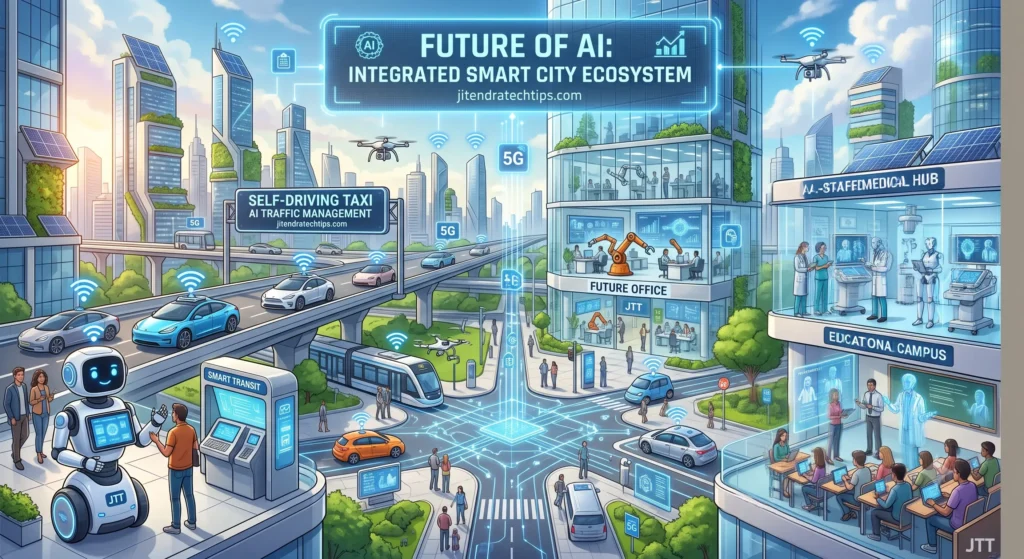 A complete diagram illustrating the Future of AI: an Integrated Smart City Ecosystem by jitendratechtips.com, showing Self-Driving Taxis, Robots, AI-Staffed Medical Hubs, Educational Campuses, and modern Future Offices all connected via 5G networks.