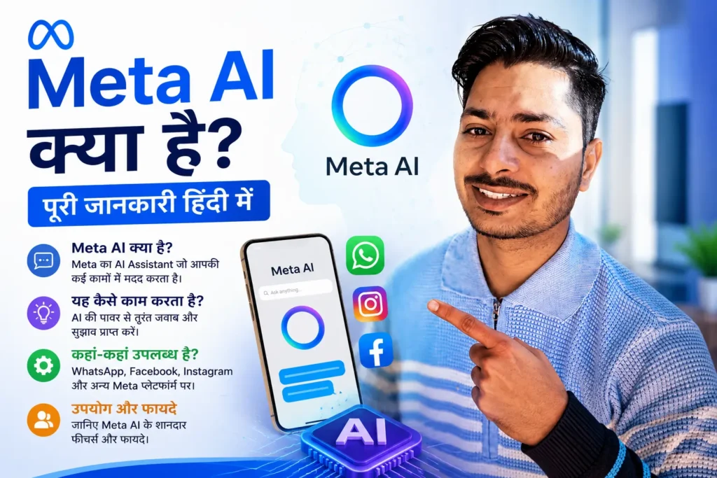 Meta AI क्या है? Meta AI कैसे काम करता है | पूरी जानकारी हिंदी में 2026 1 WhatsApp और Facebook पर Meta AI Assistant का उपयोग दिखाता हुआ ग्राफिक