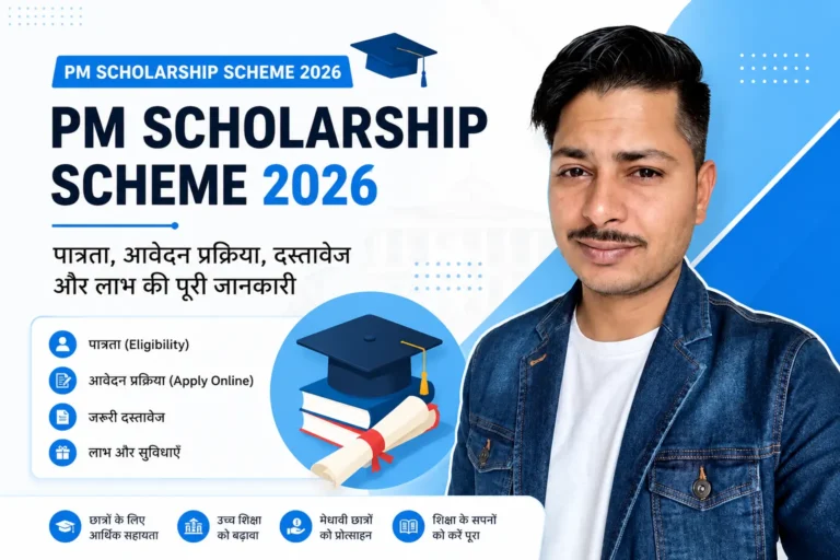 PM Scholarship Scheme 2026 feature image showing eligibility, online application process, required documents, benefits and a student