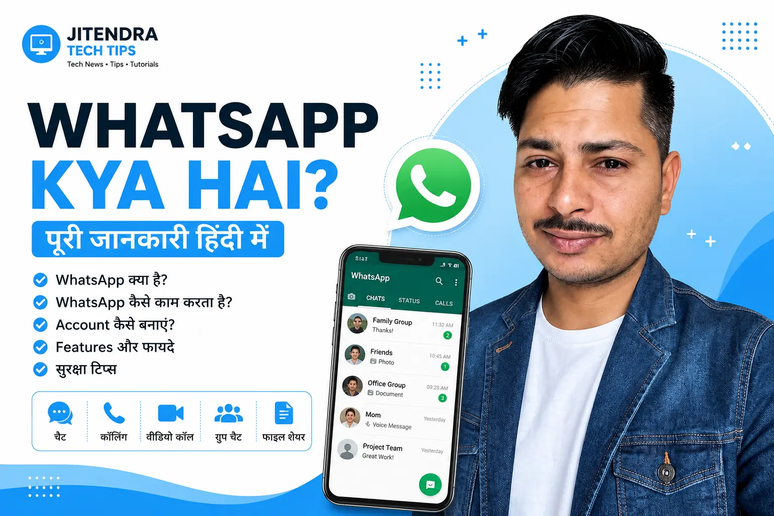WhatsApp kya hai aur WhatsApp kaise use kare guide with Jitendra Tech Tips explaining WhatsApp features, chat, voice call, video call and privacy settings in Hindi.