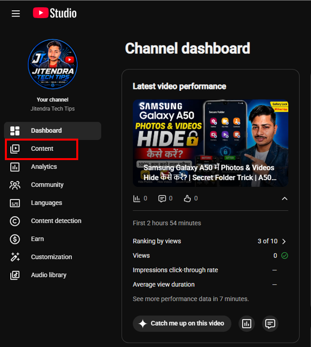 youtube channel creator studio dashboard content tab