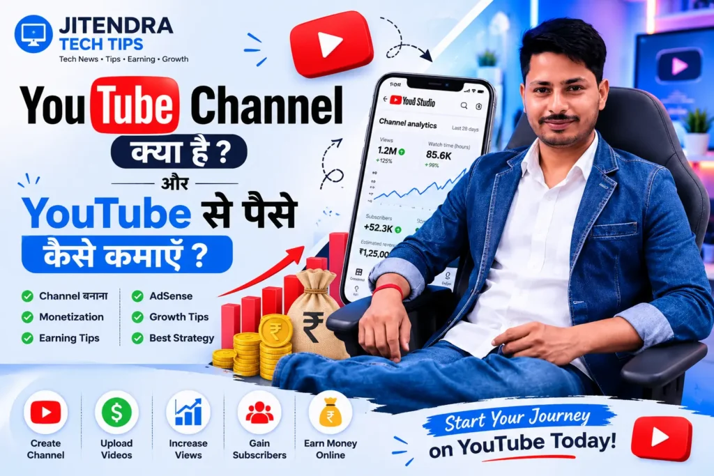 YouTube Channel Kya Hai aur YouTube Se Paise Kaise Kamaye guide feature image with Jitendra Tech Tips, YouTube Studio analytics, mobile screen, monetization icons and YouTube logo.