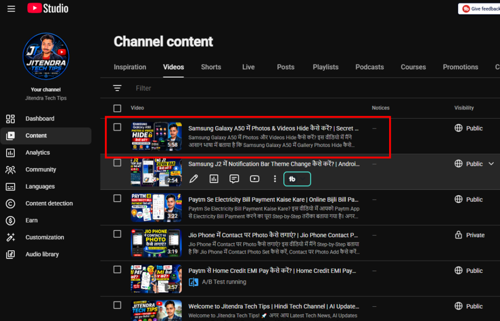 youtube creator studio videos section