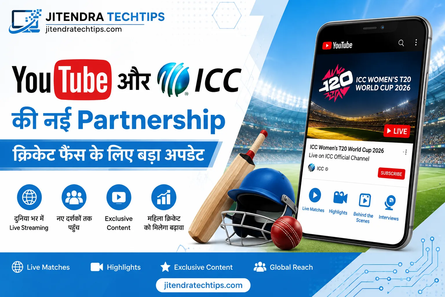YouTube and ICC Partnership 2026 feature image showing ICC Women's T20 World Cup live streaming on YouTube with a white and sky blue technology theme for JitendraTechTips.com