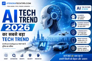 AI Tech Trend 2026 feature image in Hindi showing Artificial Intelligence, AI agents, smart automation, cybersecurity, business growth, and futuristic technology | JitendraTechTips