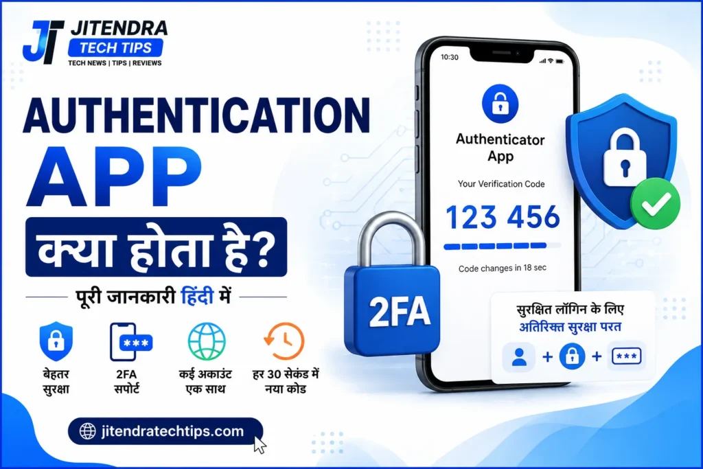 Authentication App feature image showing smartphone with 2FA verification code, security shield, padlock, and Two-Factor Authentication process in a white and sky blue tech theme for JitendraTechTips.com.