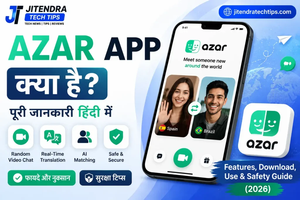 Azar App feature image showing random video chat, AI matching, global video calling, smartphone interface, and white & sky blue tech theme for JitendraTechTips.com.