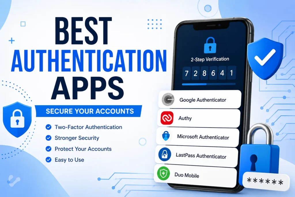 Best Authentication Apps infographic featuring Google Authenticator, Microsoft Authenticator, Authy, 2FAS Authenticator, and Duo Mobile with 2FA security, smartphone, shield, and lock icons in a white and sky blue tech theme for JitendraTechTips.com.