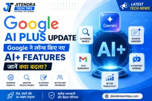 Google AI Plus Update feature image showing Google AI, Gemini AI, AI+ features, futuristic AI interface, white and sky blue technology background for JitendraTechTips.com.