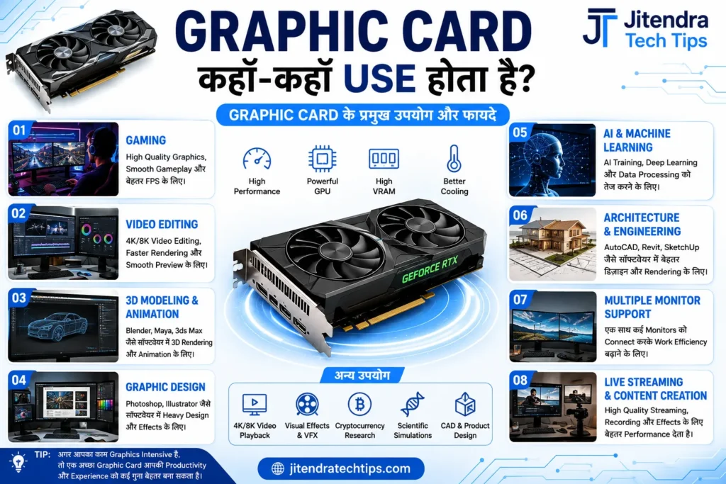 Graphic Card Kya Hota Hai? पूरी जानकारी (2026) 4 Graphic Card kahan-kahan use hota hai infographic showing gaming, video editing, graphic design, 3D modeling, AI & machine learning, architecture, multi-monitor setup, and live streaming in a modern white and sky blue tech theme for JitendraTechTips.com.