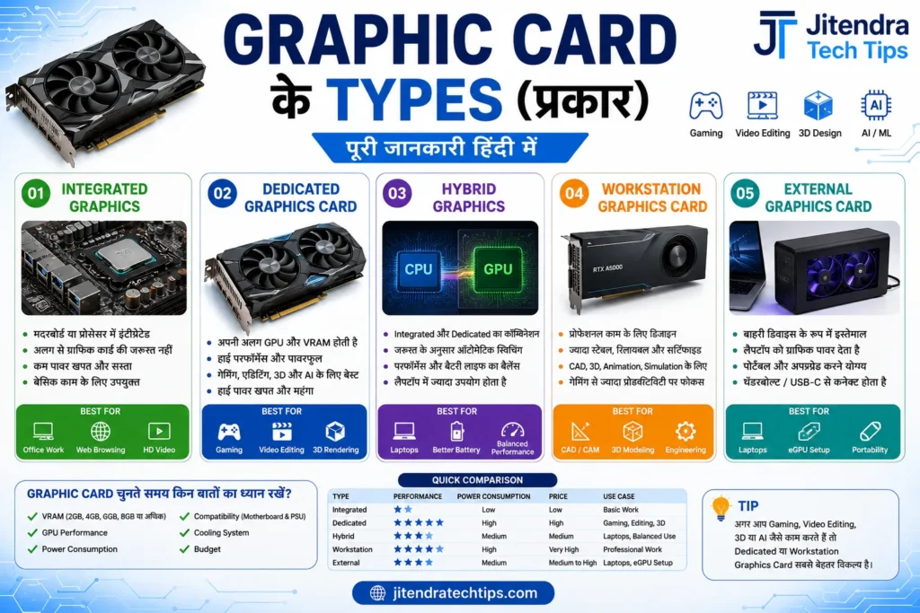Graphic Card Kya Hota Hai? पूरी जानकारी (2026) 2 Graphic Card ke types infographic showing Integrated Graphics, Dedicated Graphics Card, Hybrid Graphics, Workstation Graphics Card, and External Graphics Card (eGPU) with gaming, video editing, AI, and 3D design icons in a white and sky blue tech theme for JitendraTechTips.com.