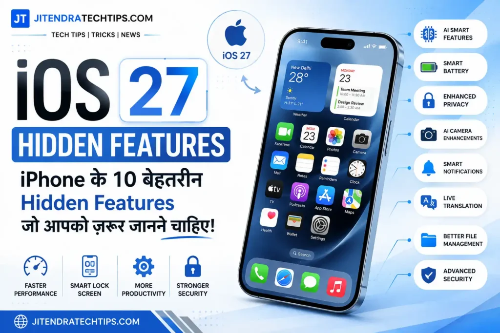 iOS 27 Hidden Features: iPhone के नए सीक्रेट फीचर्स जो आपका अनुभव बदल देंगे 1 iOS 27 Hidden Features feature image in Hindi showing the top hidden iPhone features, AI tools, smart battery, privacy, and camera enhancements | JitendraTechTips