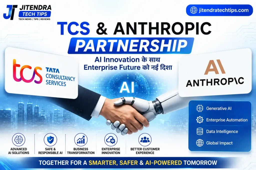 TCS Anthropic Partnership feature image showing TCS and Anthropic AI collaboration with enterprise AI, cloud technology, digital transformation, and white & sky blue tech background for JitendraTechTips.com.