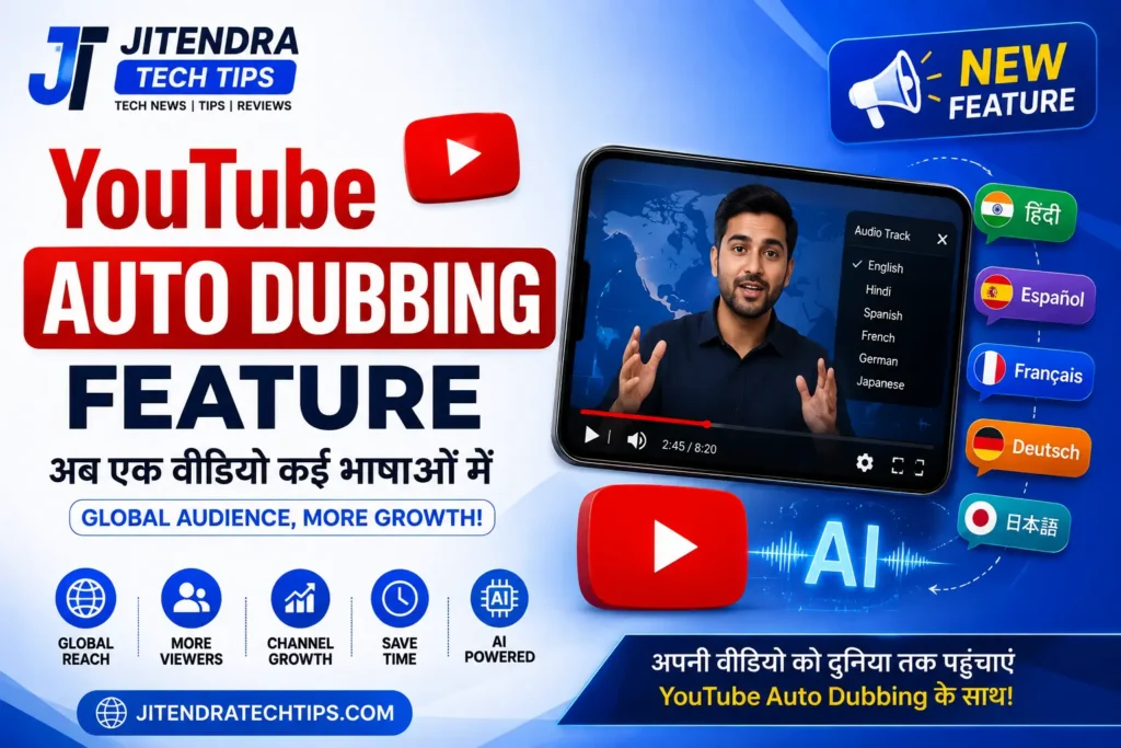 YouTube Auto Dubbing Feature feature image showing AI-powered multilingual video translation, YouTube logo, global language icons, microphone, and white & sky blue tech background for JitendraTechTips.com.